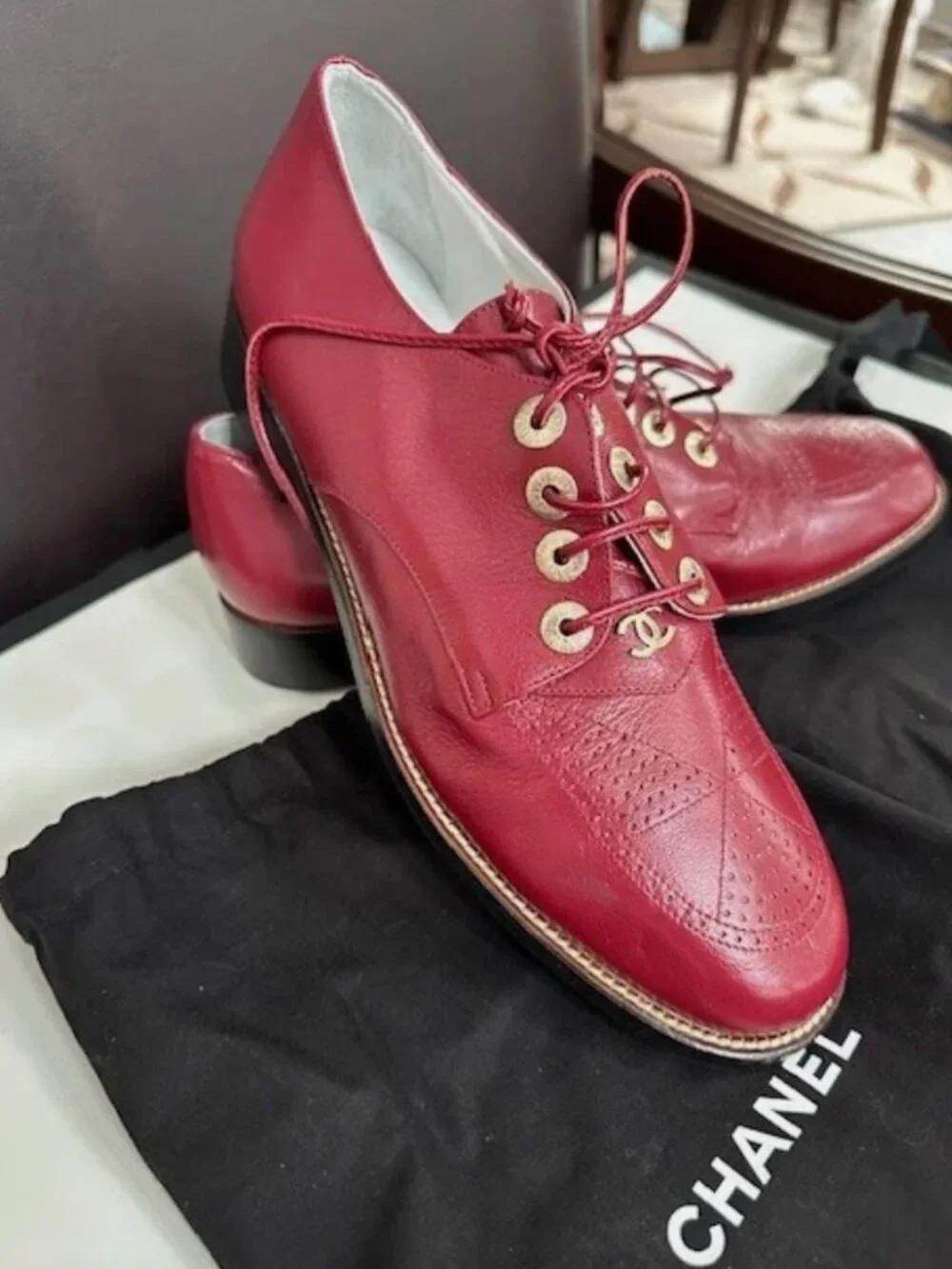 New Authentic Chanel Oxford/Red leather Size 38 W/dustbag, No Box